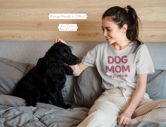 Custom Dog Mom T-Shirt, Cat Mom Shirt, Dog Dad Heavy Cotton Tee, National Dog Day Cat Day, Personalized Text Name & Colors, Pet Owners Gift