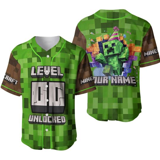 Custom Minecraft Birthday Boy Baseball Shirt, Pixel Birthday Shirt For Boy, Video Game Birthday Shirt, Level Unlocked Gamer Jersey