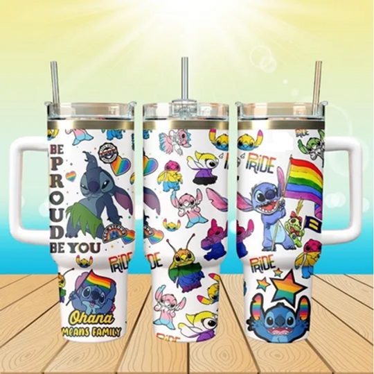 Stitch Pride Month Tumbler 40oz with Handle, LGBTQ Rainbow Cup, Ohana Means Family, Cute Pride Gift