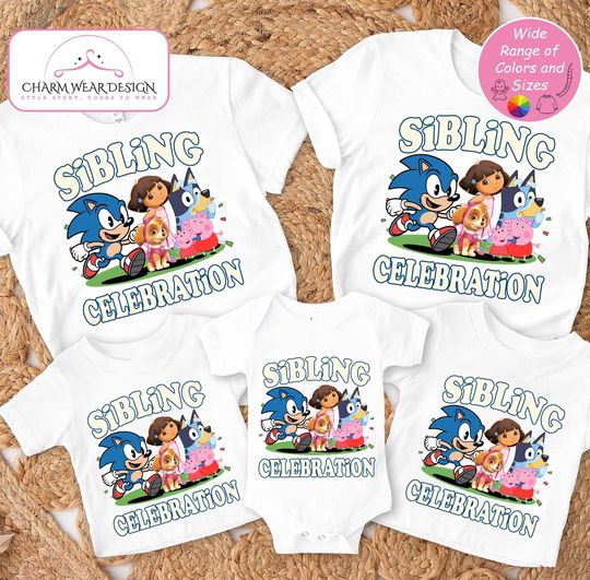 Sibling Celebration T-Shirt | Sonic Dora BlueyDad Family Pig Cartoon Tee | Kids Matching Sibling Party Shirt