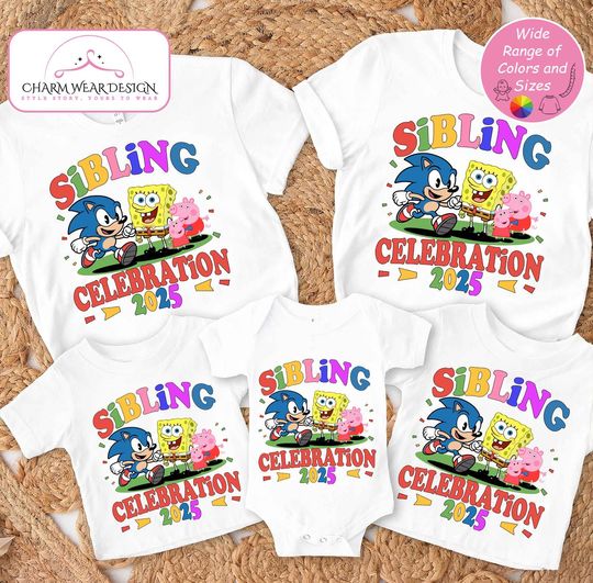 Cartoon Character Family Birthday Custom Shirt, Sonic & Family Pig Personalized Name Tee, Family Matching Sibling Celebration 2025 T-Shirt