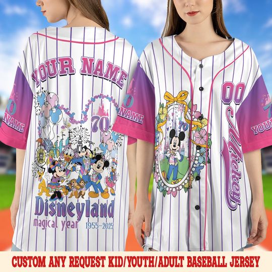 Mickey Celebration 1955-2025 Baseball Jersey, Mickey And Friends Disneyland 70th Anniversary,Disney Castle Jersey WDW Family Vacation SLVK01