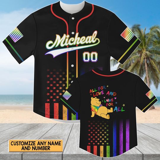 Discover Personalized Pooh Pride Month Jersey, Disney Winnie The Pooh Rainbow Baseball Jersey, Disneyland Trip Lgbt Jersey, Disney Matching
