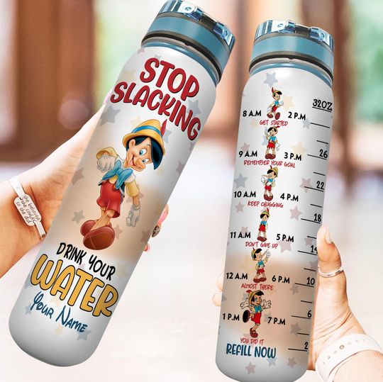 Custom Pinocchio Water Bottle, Pinocchio 32oz Water Tracker, Disney Pinocchio Bottle, Disney World Bottle, Pinocchio Jiminy Cricket Bottle