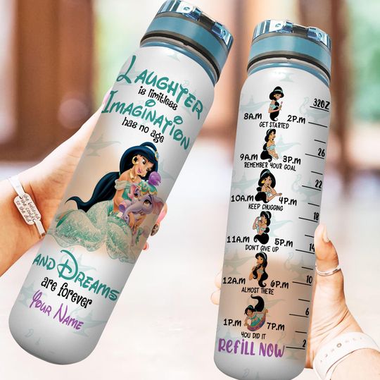 Custom Jasmine Princess Water Bottle, Disney Princess 32oz Water Bottle Tracker, Magic Kingdom Motivational Water, Aladdin Drink Bottle