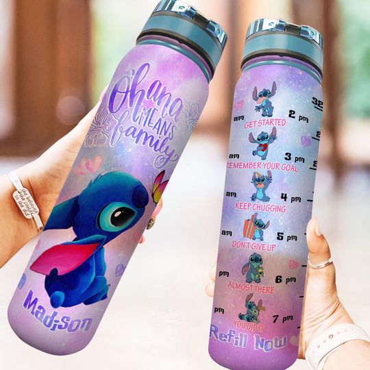 Custom Disney Stitch Water Tracker Bottle, Stitch 32Oz Water Bottle, Ohana Means Family Bottle, Monster Drink Bottle, Daily Water Tracker