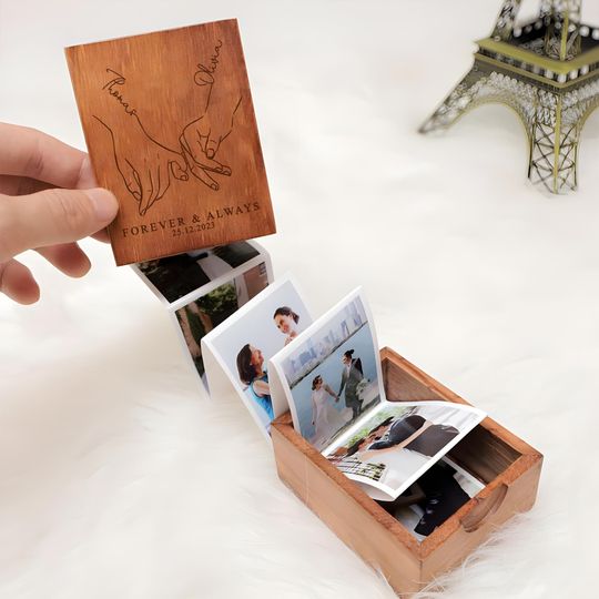 Custom Photo Couples Wooden Photo Box, Pull Out Photo Album, Gifts For Wedding, Anniversary Gift For Him & Her, Valentines Memory Collection