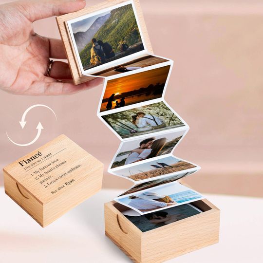 Personalized Fiance Gifts For Him Pull Out Photo Album, Best Fiance Photo Memory Gift, Fiance Birthday Wooden Photo Box