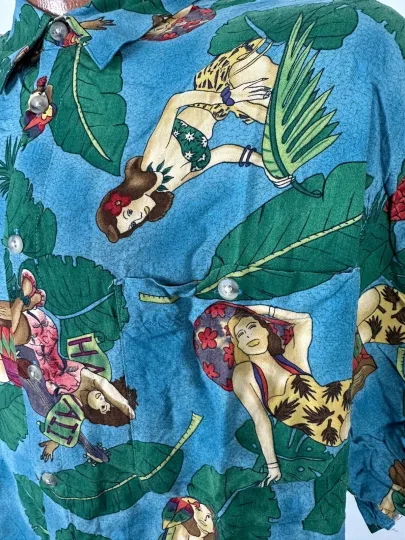Pierre Cardin Hawaiian Shirt Men XL Tight Pin-Up Guitar Bongo Leaf Rayon Vintage