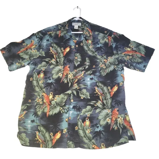 Paradise Collection Hawaiian Shirt Men L Silk Multi Color Parrot Bird & Floral