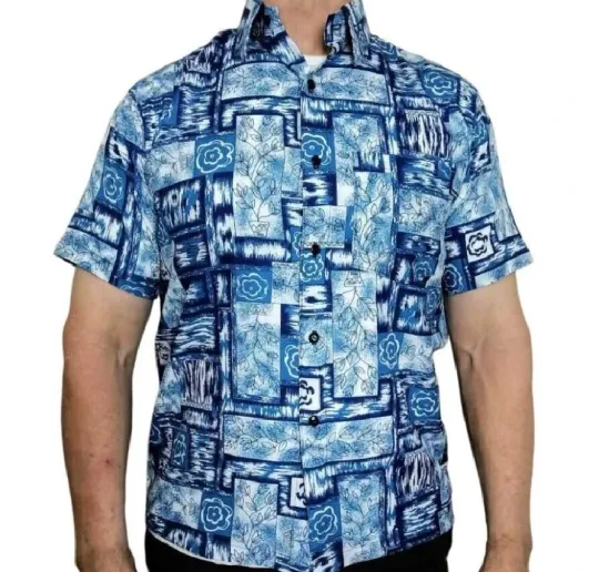 Men's Hawaiian Patterned Thai Shirt Short Sleeve Aloha Blue Floral Motifs Casual