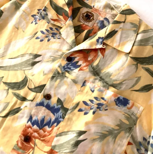 Pussers West Indies Hawaiian Shirt  Mens M Linen Yellow Floral Tropical