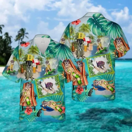 English Mastiff Dog Surfing Hawaiian Shirt Button Down Unisex Adults S-5XL
