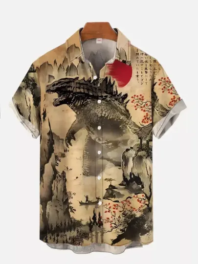 Japanese Classic Movie god zilla Art 3D Print Button Up Hawaiian Lapel ShirtS 6XL