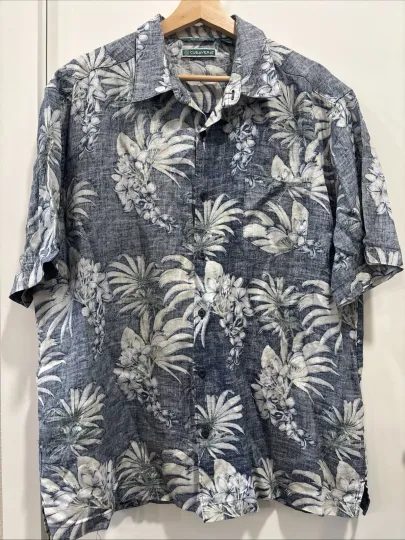 Cubavera Men's XL 100% Linen Floral Hawaiian Style Button Up Shirt Short Sleeve