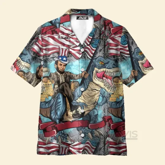 Abraham Lincoln The US Flag And Dinosaur   Hawaiian Shirt