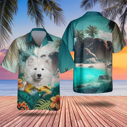 White Samoyed Dog Hawaiian Shirt Casual Button Down Shirt Beach Summer Unisex