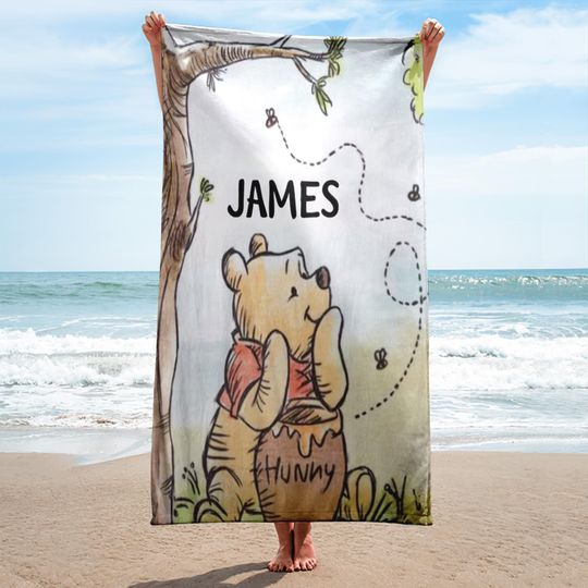 Personalize Disney Pooh Bear Towels, Winnie The Pooh Movie Towels, Custom Name Beach Towel, Disney Pooh Bear Beach Towel Gift