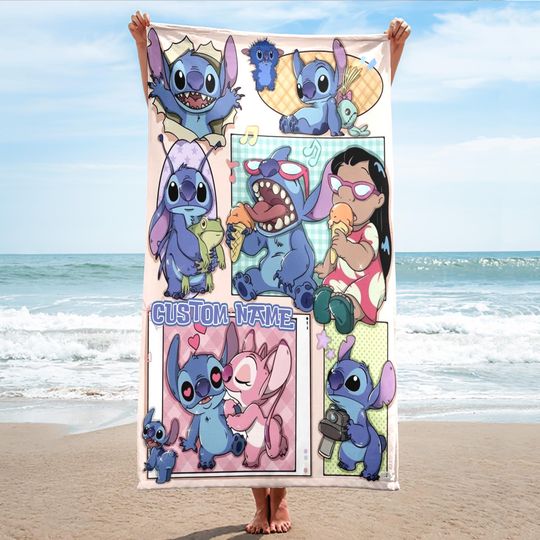 Personalize Disney Stitch Angel Lilo Beach Towels, Lilo & Stitch Towels, Custom Name Beach Towel, Disney Stitch Beach Towel Gift