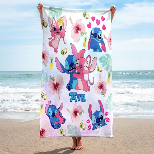 Personalized Disney Watercolor Stitch and Lilo Towel, Custom Stitch Angel Beach Towel, Couple  Summer Vacation Gift, Magic Kingdom Towel