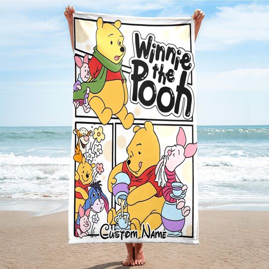 Personalize Pooh With Friends Beach Towels, Winnie The Pooh Towels, Custom Name Beach Towel, Disney Pooh Beach Towel, Pooh Towel Gift