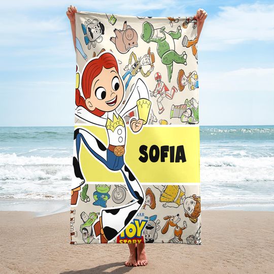 Personalized Cowgirl Character Beach Towels, Custom Name Animated Character Beach Towel, Magic Kingdom, Custom Cartoon Character Beach Towel