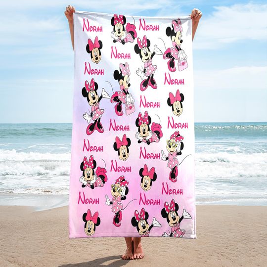 Personalized Watercolor Disney Minne Mouse Towel, Magic Kingdom Beach Towel, Minne Birthday Gift, Kid Name Summer Vacation, Minne Towel
