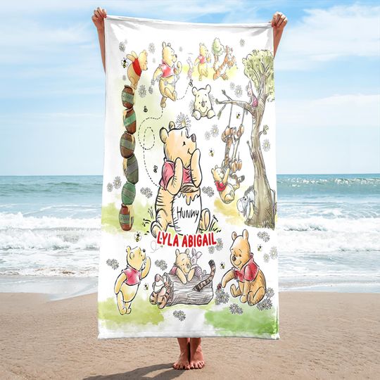 Personalized Watercolor Pooh Towel, Winnie The Pooh Summer Vacation Gift, Pooh Movie Magic Kingdom Beach Towel, Pooh Cartoon Towel