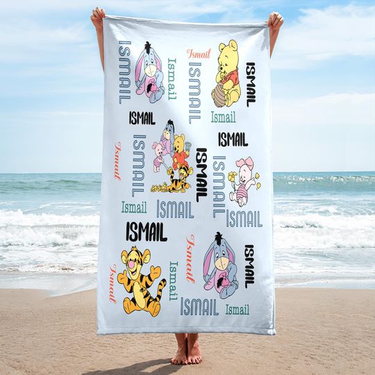Personalized Winnie The Pooh Cartoon Towel, Custom Name Eeyore Beach Towel, Tigger Piglet Birthday Gift For Kid, Pooh Pool Party