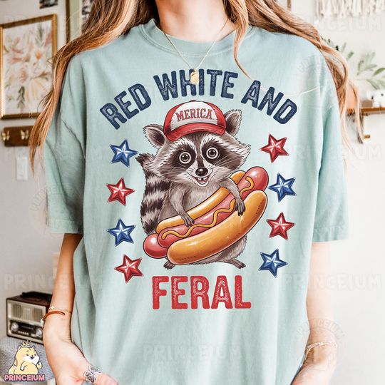 Red White and Feral Sublimation Design, Patriotic Raccoon Hotdog   , Funny 4th of July Shirt Design,  Independence Day
