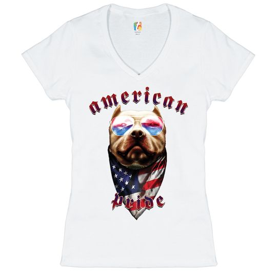 Discover American Pride Pit Bull Women's V-Neck T-shirt American Flag Bandana, Patriotic Gift, Dog Lover, Pitbull Terrier Owner, 4th of July Tee