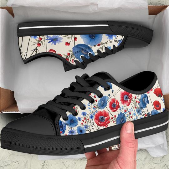 Floral Women's Sneakers, Poppy & Cornflower Design, Gift for Her, Mother's Day Present, Low Top Shoes
