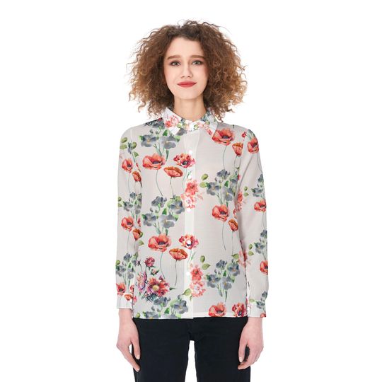 Floral Wildflower Women Blouses Shirt, Spring And Autumn Floral Print Lapel Casual Women's Shirt, Flower Botanical Women Casual Shirt