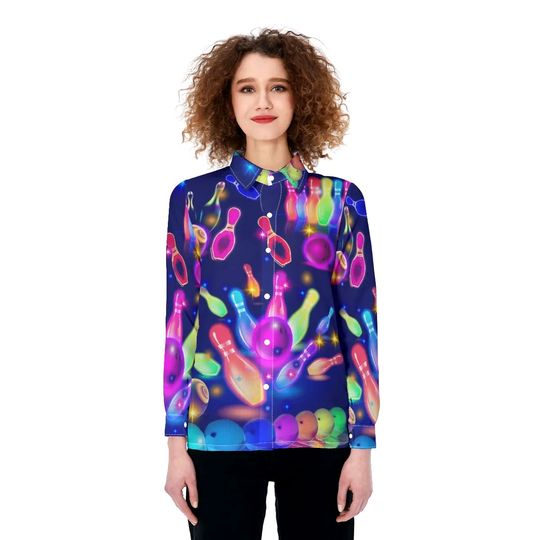 Discover Bowling Neon Women Casual Shirt, Bowling Shirt, Bowling Button Up Shirt, Bowling Shirt For Women, Summer Family Trip Tee