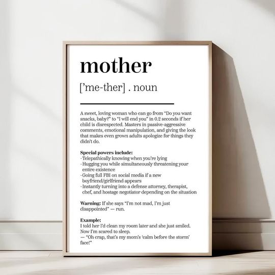Mother Definition Poster  Funny Typography Wall Art Print  Mom Quote Gift for Mother's Day, Minimalist Decor, Printed Humor Sign for Her
