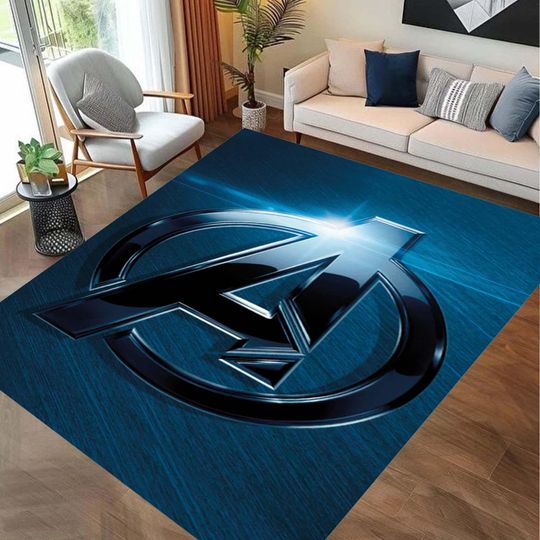 Area Rug, Avengers Logo Rug for Living Room, Marvel Fans Gift, Superhero Area Rug, Blue Themed Floor Mat,Cool Home Decor Gift for Men Kids