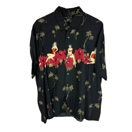 Vintage Natural Issue Hawaiian Shirt 100% Rayon Pinup Girl and Palm Trees XL