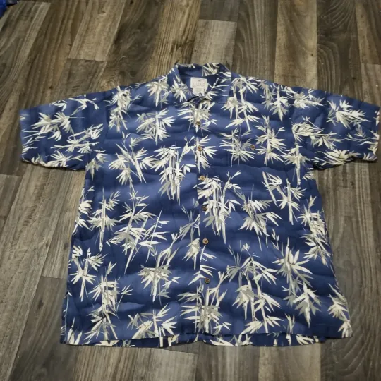 L Men's LUAU Vintage Blue & Green Silk Floral Hawaiian Shirt Bamboo Rayon