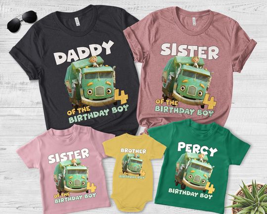 Custom Trash Truck Birthday Shirt, Matching Family T-Shirt with TV Characters, Personalized Party Outfit