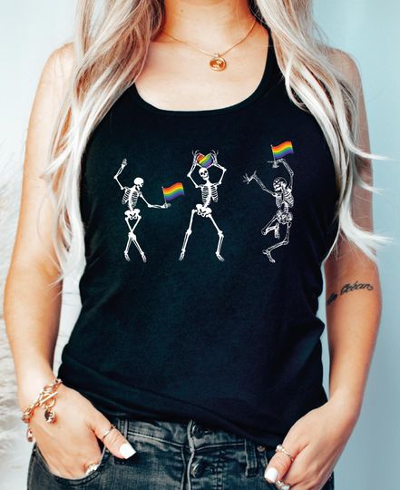 Skeleton Pride Women's Racerback Tank Top, Rainbow LGBTQ Tank, Funny Pride Shirt, Gay Pride Vneck, Lesbian, Bisexual, Ally Shirt