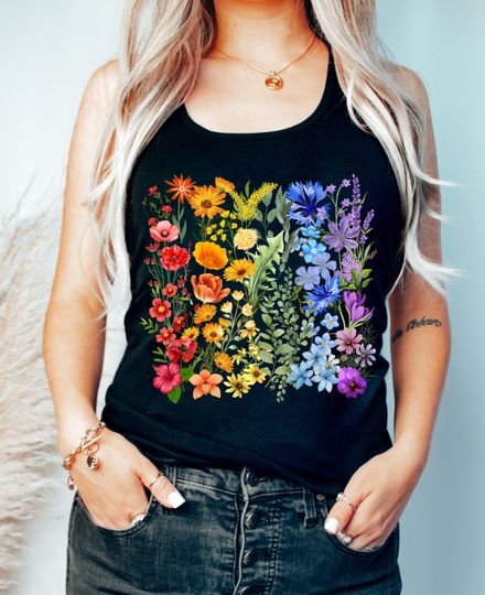 Discreet Gay Pride Tank Top - Rainbow Wildflowers LGBTQ Support Shirt - Gay Support Tee - Queer Trans Rights Advocacy