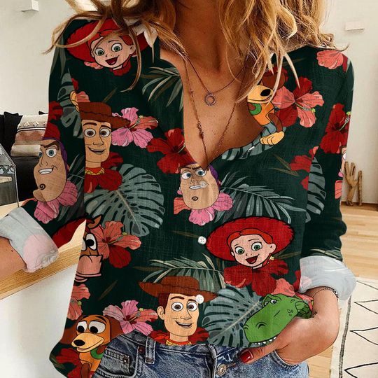 Toy Story Jessie Woody Big Face Slink Dog Women's Linen Casual Shirt, Button Up Shirt, Disney Vintage Shirt