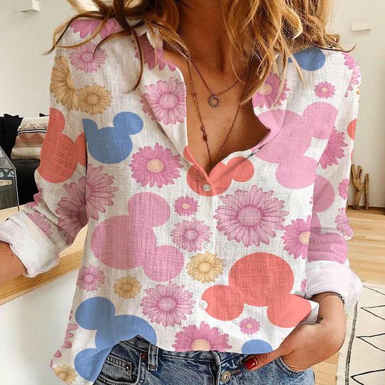 Mickey Pastel Color Flower Women's Linen Casual Shirt, Disney Women Blouses Shirt, Magic Kingdom Shirt, Disney Vintage Shirt