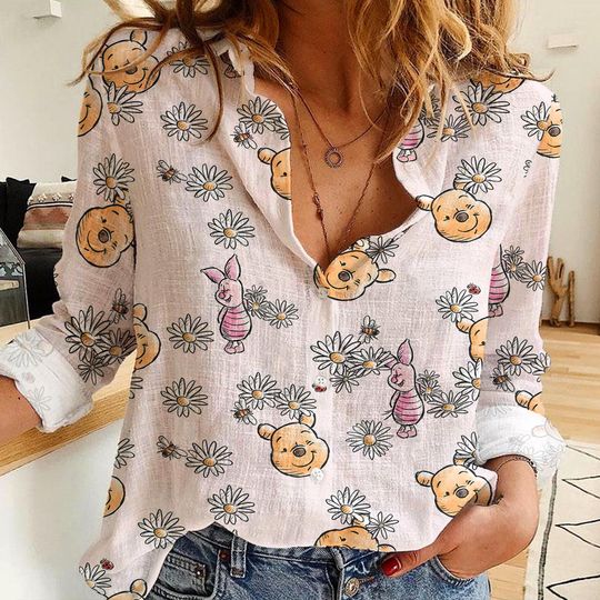 Pooh Piglet Watercolor Daisy Flower Women's Linen Casual Shirt, Disney Women Blouses Shirt, Magic Kingdom Shirt, Disney Vintage Shirt