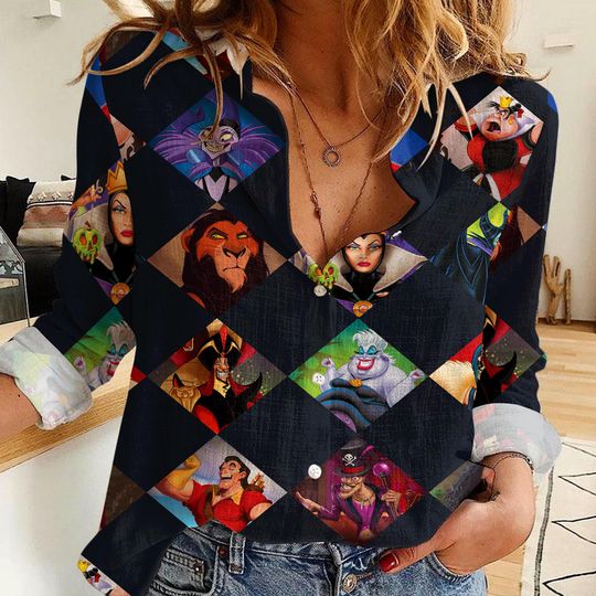 Scar Gaston Ursula Maleficent Yzma Villains Women's Linen Casual Shirt, Women Blouses Shirt, Magic Kingdom Shirt, Disney Vintage Shirt