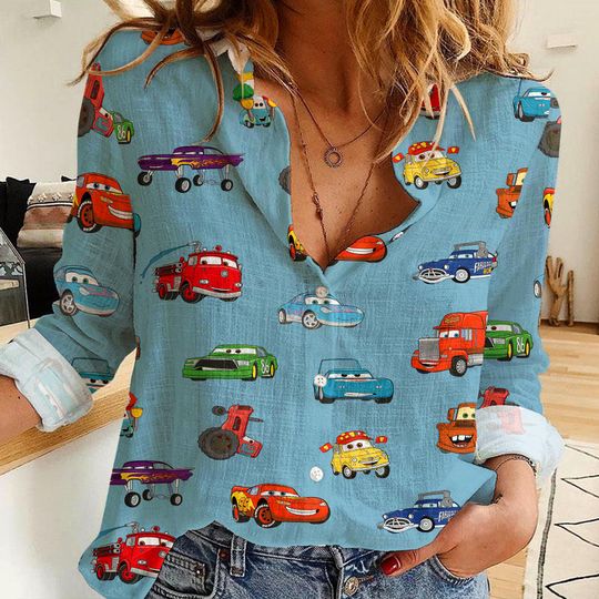 Disney Car Friends McQueen Mater Sally Cruz Ramirez Women's Linen Casual Shirt, Disney Women Blouses Shirt, Disney Vintage Shirt