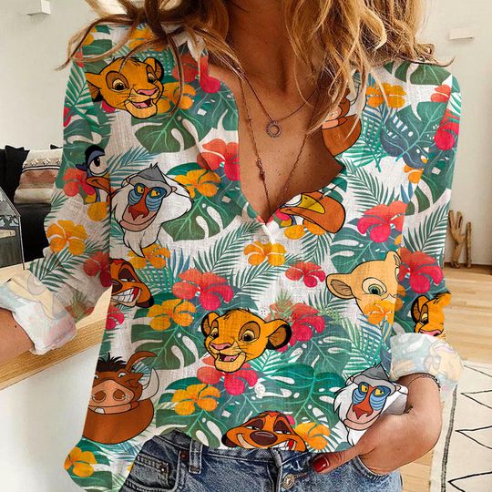Lion King Simba Pua Rafiki Women's Linen Casual Shirt, Button Up Shirt, Disney Vintage Shirt