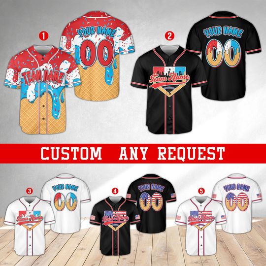Personalized Red White Blue Ice Cream Drip Baseball Jersey, Custom Name 4th Of July Jersey, Matching Independence Day Dripping Jersey