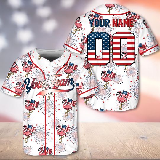 Patriotic Flamingo Baseball Jersey, Custom 4th of July Shirt, USA Flag Fireworks Jersey, Personalized Independence Day Team Gift