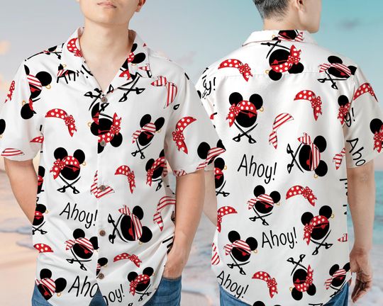 Discover Ahoy Mickey Minnie Pirate Funny Team Hawaiian Shirt  Tropical Flowers, Vintage Aesthetic, Short Sleeve Button-Down for Casual & Beachwear